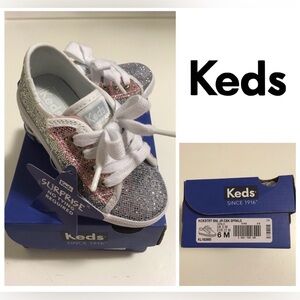 🆕KEDS - GIRLS 6 - NWT - SILVER PINK SPARKLE KICKSTART SHOES